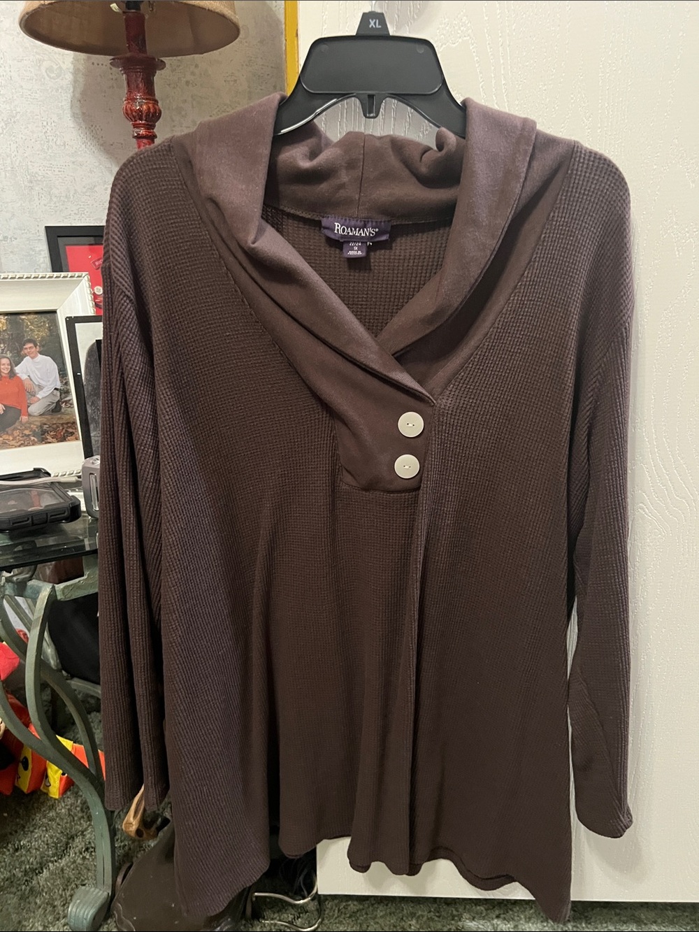 Roaman's Brown Long Sleeve Hooded Tunic with Buttons